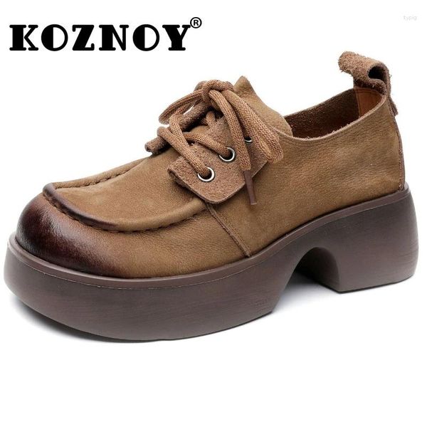 Zapatos de vestir Koznoy 5 cm étnico vaca gamuza cuero genuino mary jane plataforma redonda cuña primavera encaje hasta damas verano mujeres