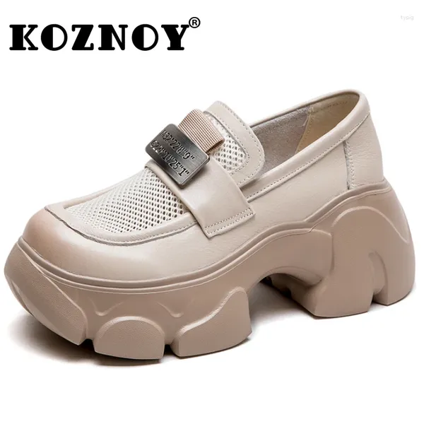 Zapatos de vestir Koznoy 6 cm Mase de aire Tacos de cuero genuino Sandalias Plataforma Pombas transpirables Mary Jane Fashion Women Summer Hollow