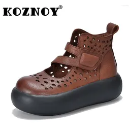 Zapatos de vestir Koznoy 6cm Sandalias de cuero genuinas Botas Plataforma Bombas de cuña Botidas de zapatillas de deporte gruesas Summer Women Hollow Mary Jane