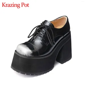 Chaussures de robe Krazing Pot Cuir de vache Super High Talons Printemps Vintage Design Round Toe Plate-forme Plate-forme à lacets Loisirs imperméables Femmes Pompes