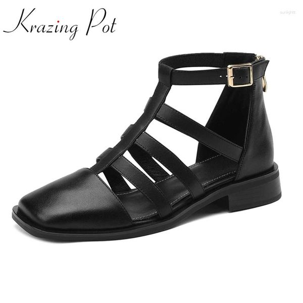 Chaussures habillées Krazing Pot grande taille 41 été cuir pleine fleur bout carré Med talon marque mode confortable à la main femmes sandales L12