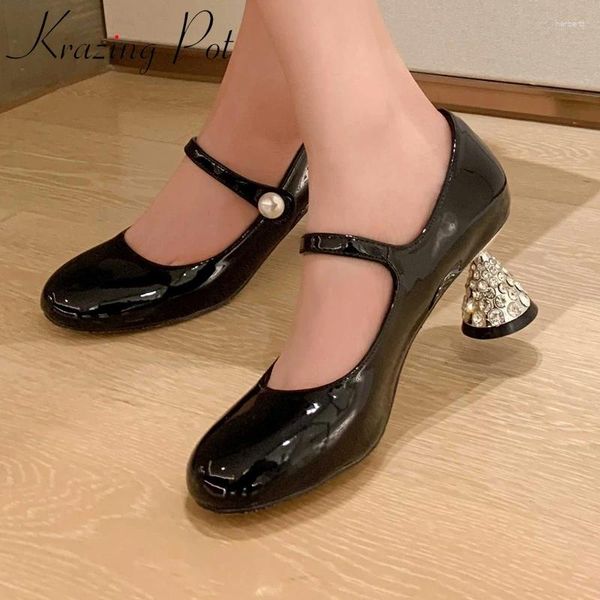 Chaussures habillées Krazing Pot Cuir Verni Bout Rond Étranges Talons Hauts Mary Janes Strass Décorations Beauté Filles Rencontres Femmes Pompes L00