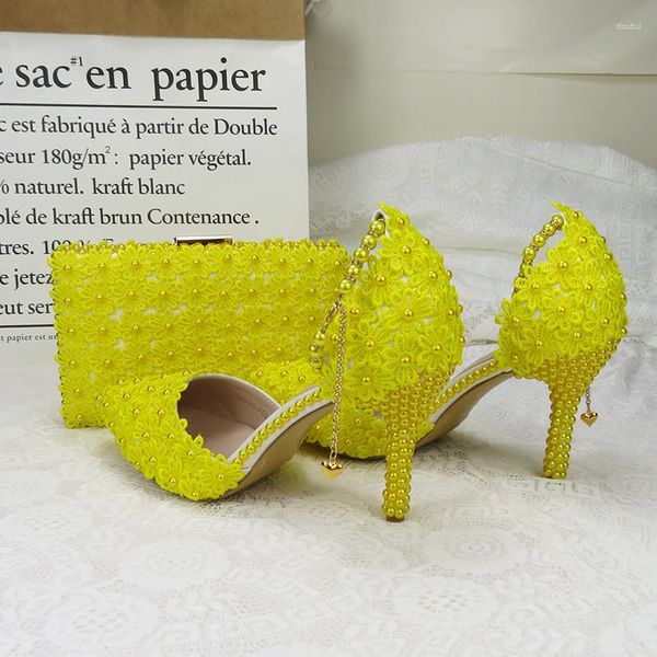 Chaussures habillées à lacets fleur mariage avec sacs assortis talons hauts jaunes bout pointu bride à la cheville dames chaussures de fête et ensemble de sacs
