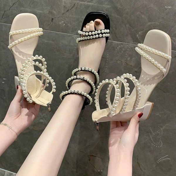 Zapatos de vestir Sandalias de diamantes para mujer Estilo romano Verano 2024 con tacones medianos Calzado beige Rhinestones Open Toe Tamaño asiático