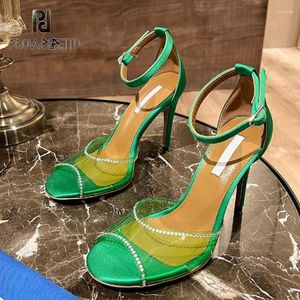 Chaussures habillées dames luxe Transparent sandales latines violet vert Peep orteil bride à la cheville cristal décor mode talon mince Sexy