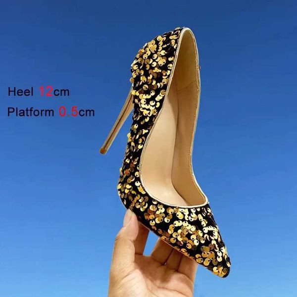 Robe chaussures dames paillettes tissu talons hauts discothèque brillant femmes printemps pointu pompes de luxe fête 12cm stiletto4gg9 h240321