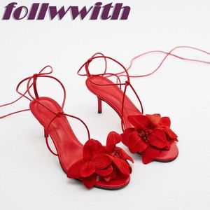 Chaussures habillées dames solide rouge fleurs à lacets Unique Sexy sandales croix attaché talon aiguille fête 2022 nouveauté été femme chaussuresL230301