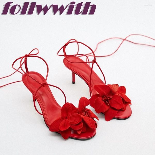 Zapatos de vestir Damas Sólido Flores Rojas Sandalias Lace Up Unique Sexy Cross Atado Stiletto Heel Party 2024 Llegada Verano Mujer