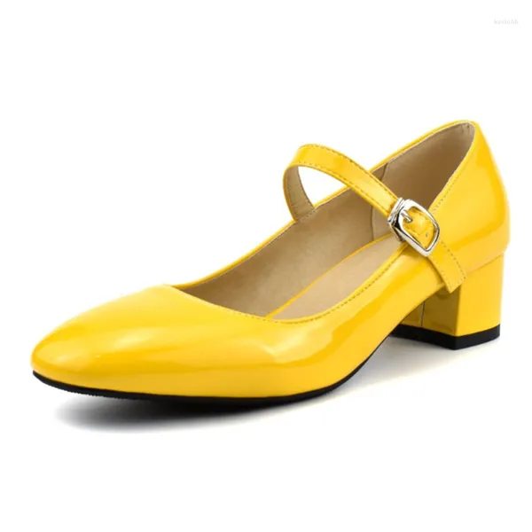 Zapatos de vestir Dama Elegante Hebilla Correa Tacones bajos Bombas Punta cuadrada Mocasines de charol para colores dulces Amarillo Azul real 48 29 cm