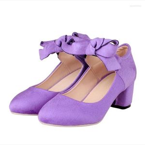 Dress Shoes Lady Low Top Bow-Knot High Heel Pumps Purple Zapatos Mujer For Nigh Club Wedding Round Toe Cute Style Wide Fitting
