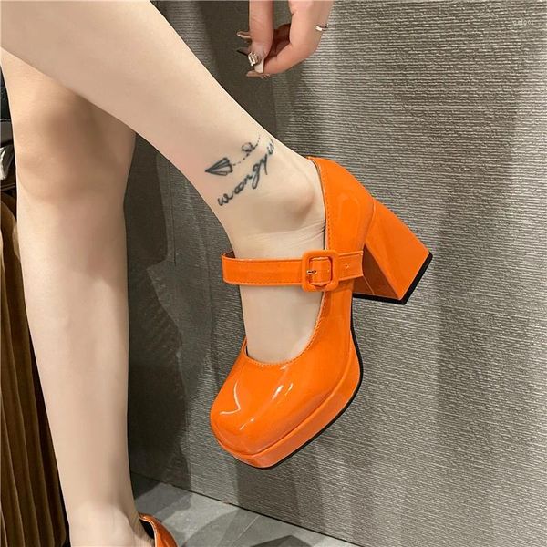 Zapatos de vestir Lady Mary Jane 2024 Plataforma Square Toe Bombas de mujer 7 cm Tacones gruesos Naranja antideslizante Mujeres Alto Tamaño grande 35-45