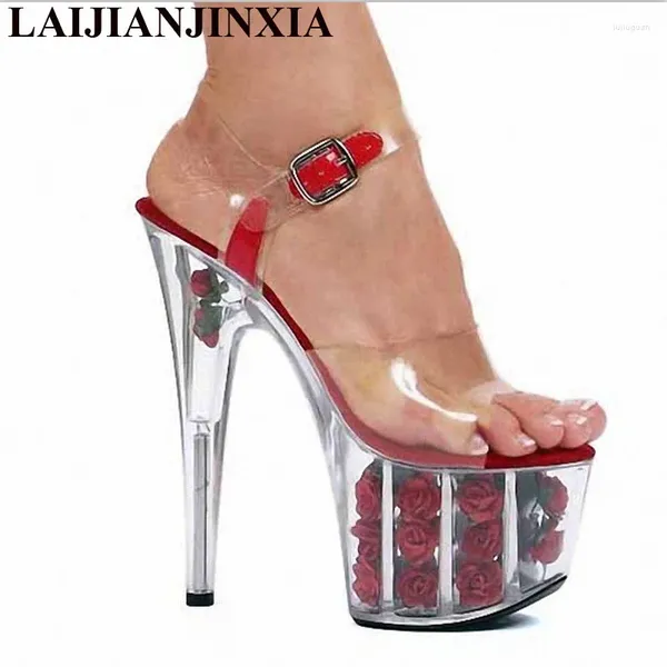 Chaussures de robe LAIJIANJINXIA Été Fleur multicolore imperméable 17 cm talons hauts discothèque scène femme sexy sandales à talons hauts