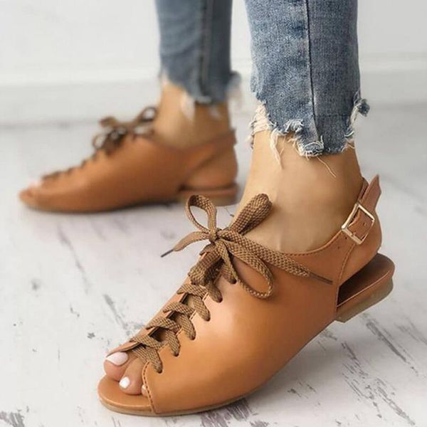 Chaussures habillées Lapolaka Rome Style Sandales Lacets Sangle Plat Avec Confortable Marche Grande Taille 42 Été Femmes