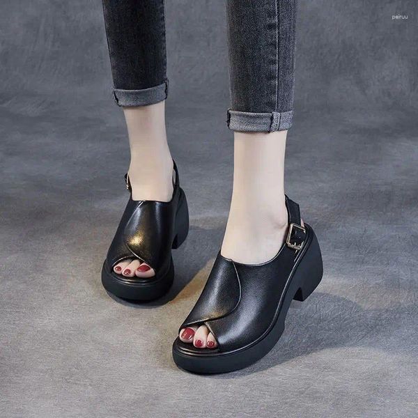 Zapatos de vestir Sandalias negras de cuero para mujer Plataforma Calzado Verano 2024 Hebillas Tacón Tacones altos Bombas de mujer antideslizante H F