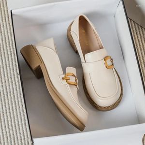 Kledingschoenen Leer Dames Britse College-stijl Vierkante gesp Dikke bodem Dikke hak Ronde neus Casual loafers