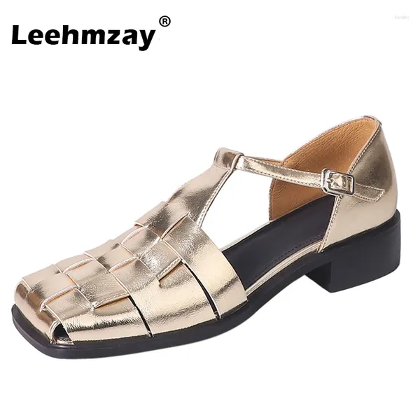 Chaussures habillées Leehmzay Taille 31-42 Femmes Sandales Gladiator tissées Real Le cuir T-STrap Chunky Mid Heels Summer 2024 Ins Office Travail