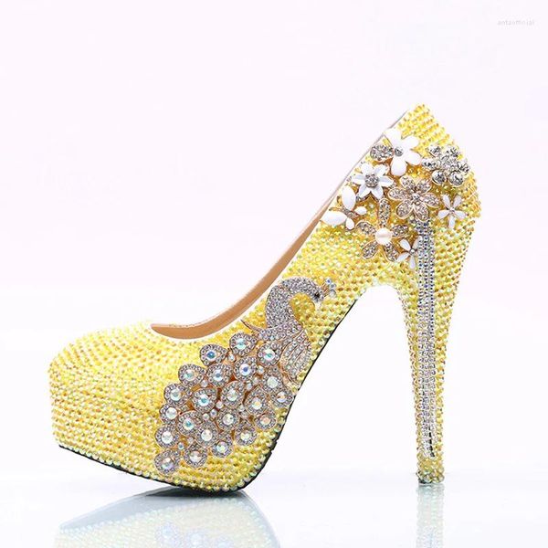 Zapatos de vestir Limón Amarillo Rhinestone Fiesta de boda Hecho a mano Chica nupcial Cumpleaños Tacones altos Bombas de fiesta Tallas grandes