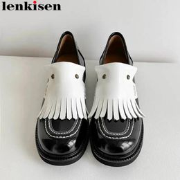 Kledingschoenen Lenkisen koe lederen franje dikke hak gemengde kleuren rond teen winter lente herfst lolita casual dames pompen