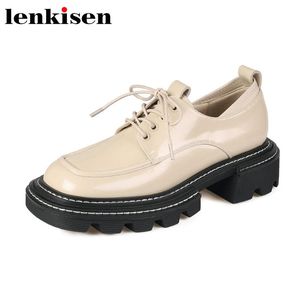 Chaussures habillées Lenkisen Printemps Couture Causal Abricot Couleur Bout Carré Antidérapant Épais Med Talons Cuir De Vache À Lacets En Ligne Star Pumps L56