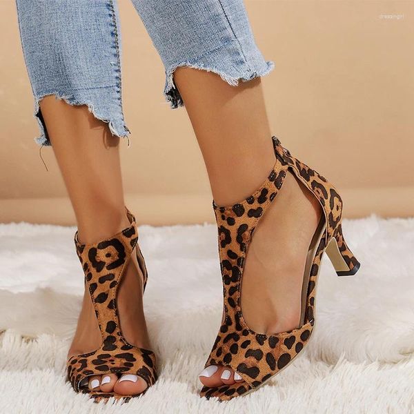 Zapatos de vestir Leopardo Tacones altos Mujer Sandalias de punta abierta Sexy 2024 Moda de verano Stilettos Fiesta Bombas Zapatillas Mujer Diapositivas