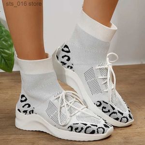 Zapatos de vestir Leopard Knit Sock Sneakers Mujeres 2023 Otoño High Top Lace Up Flats Zapatos Mujer Super Tamaño 43 Zapatos casuales transpirables antideslizantes T230928