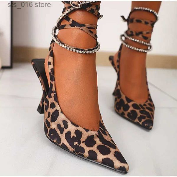 Chaussures habillées Léopard Sexy Talons Femmes Sandales À Lacets Bout Pointu Mince Talons Hauts Slingback Dame Cheville Sangle Chaussures De Fête Femme Mules Nouveau T230928