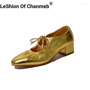 Dress Shoes Leshion van Chanmeb Golden Real Leather Block Heels For Women Silver Red Elastic Ploated Lace Up Bow-Tie Pumps Ladies 33-42