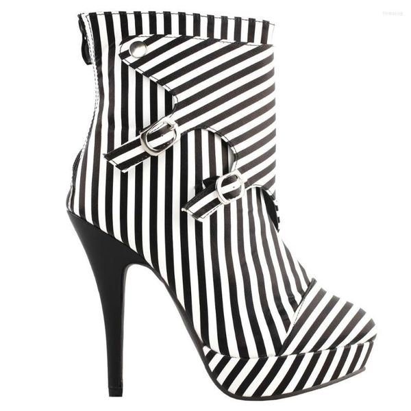 Chaussures habillées LF30485 SHOW STORY Mode Noir Blanc Deux tons Stripe Print Gladiator Plate-forme Bottine