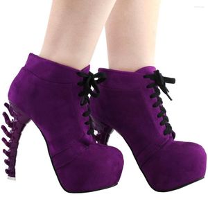 Dress Shoes LF80702 Show Story Punk Purple Lace-Up Gladiator Hidden Platform Bone Heels Ankle Bootie