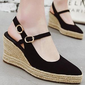 Kledingschoenen lihuamao retro pumps wiggen hielplatform enkelband puntige teen espadrilles slingback feestje bruiloft casual touw zool