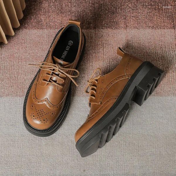 Chaussures de robe LIHUAMAO Cuir souple Marron Oxford Femmes Brogue Derby Lace Up Casual Work Party Chaussures de plein air