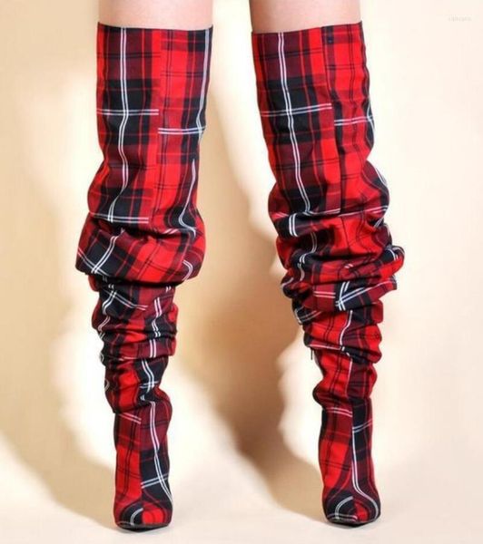 Chaussures habillées édition limitée plis femmes bottes plissées en hiver sexy sur le genou talons hauts plaid rouge jaune