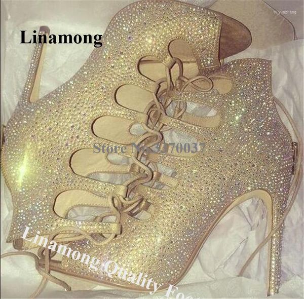 Zapatos de vestir Linamong Bling Peep Toe Rhinestone Stiletto Heel Pumps Lace-up Cut-out Crystal Tacones altos Gladiador Boda