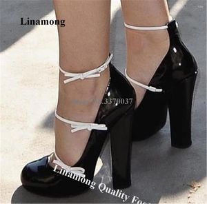 Dress Shoes Linamong Elegant zwart wit octrooi leer strikachtige hielpompen rond teen enkelbandjes dikke feesthakken