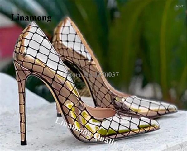 Chaussures habillées Linamong Gold Silver Checkered Pattern Cuir 12cm Pompes Bout pointu Slip-on Métallique Snakeskin Stiletto Talon Chaussure de mariage