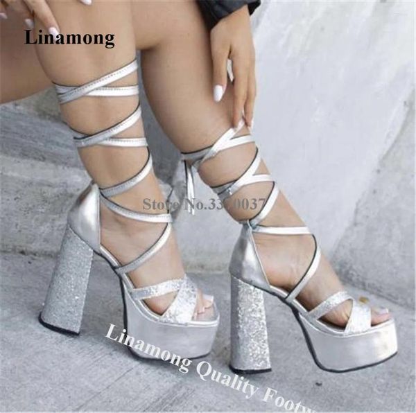 Zapatos de vestir Linamong Shining Silver Patchwork Gliiters Sandalias de tacón grues