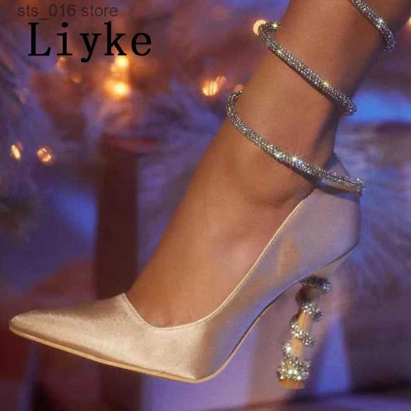 Zapatos de vestir Liyke 2023 Nueva moda Crystal Tobillo Correa Mujeres Bombas Seda Púrpura Punta puntiaguda Rhinestone Tacones altos Fiesta Banquete Stiletto Zapato T230828