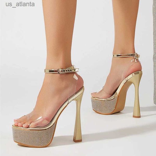 Chaussures habillées liyke 2024 Nouveau Gol Silver Open Toe Sandales Transparent Femmes Fashion Crystal Rimestone Plateforme High Heels Mariage H240403