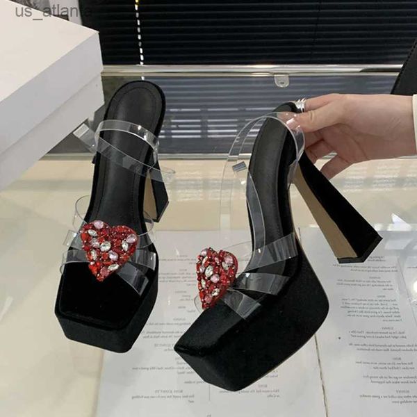 Chaussures habillées liyke confortable Silk Chunky High Heels Plateforme Sandales pour femmes Summer Fashion Clestal Heart Buckle Transparent H240403