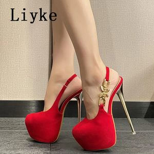 Chaussures de robe Liyke Design de mode Métal Papillon Chaîne Sangle arrière Femmes Plate-forme Pompes Rose Bout Rond Ultra Haute Talons Bande Pole Dance Chaussure 231207