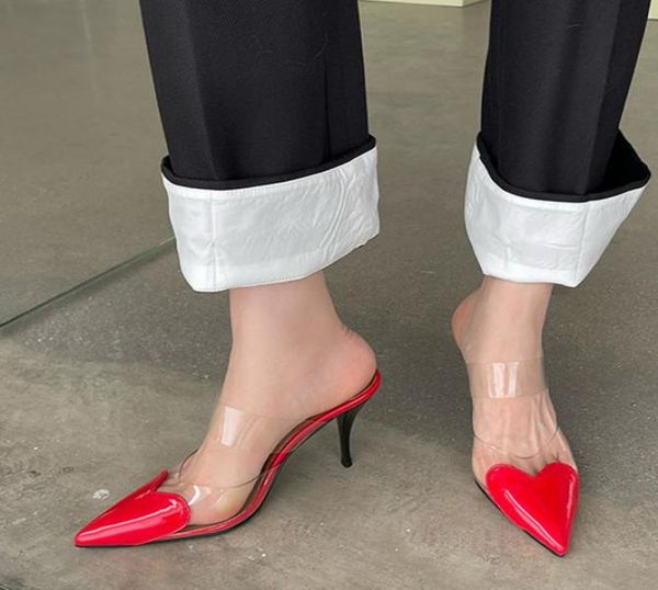 Chaussures habillées liyke mode coeur rouge en forme pointu toe toetto high talon mules pantoufles pvc bracele