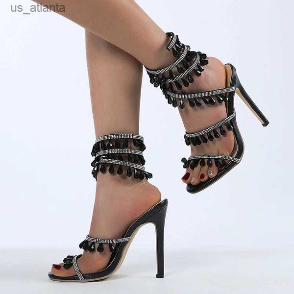 Chaussures habillées liyke nouveau design cristal Gemstone Pendant Slip-on Sandale Sandals Femmes Sexy Prom Open Toe Club Stripper Heels H240403