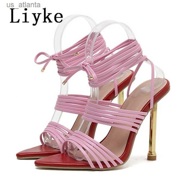 Chaussures habillées liyke taille 35-42 rouge bleu mince talons hauts sandales pour femmes mode d'été pointe imprimé serpent lacet up femelle pompes h240403enjh