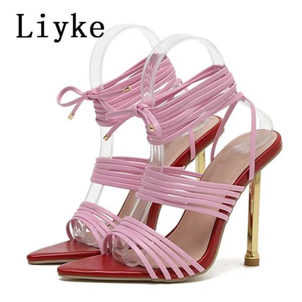 Chaussures habillées liyke taille 35-42 rouge bleu mince talons hauts sandales pour femmes mode d'été pointe imprimé serpent lacet up femelle pompes h240409 oga6