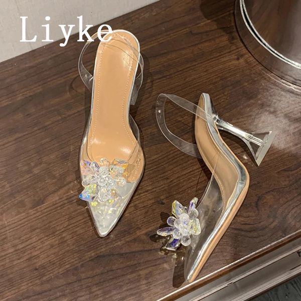 Chaussures de robe Liyke Style étrange Transparent talons hauts pompes dames chaussures de mariage pour les femmes mariée mode cristal fleur sandales de créateur 231030