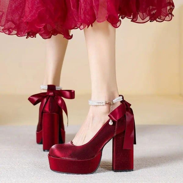 Sapatos de vestido Lluumiu mulheres saltos altos mary jane festa de casamento cosplay branco laço vermelho babados arco princesa lolita bombas tamanho 34-40