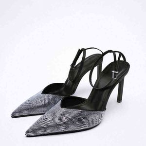 Zapatos de vestir LMCAVASUN ZA Bombas Mujer Elegante Sandalias de tacón brillante Correa de tobillo Vestido Bomba Señoras Fiesta Tacones Vintage Zapatos de punta estrecha 220315