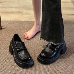 Zapatos de vestir Mocasines Casual Mujer Zapato Oxfords con piel Otoño Calzado femenino Estilo británico Punta redonda Zuecos Plataforma Cuero S