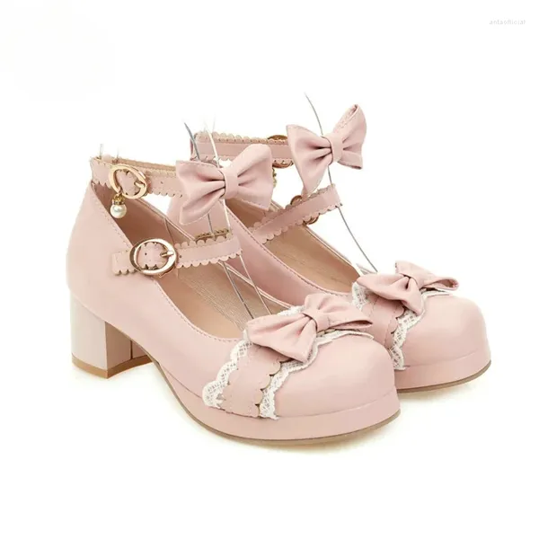 Zapatos de vestir lolita niñas mary janes bowknot princesa volantes japón dulce novia fiesta de boda bombas cosplay rosa más tamaño 34-48