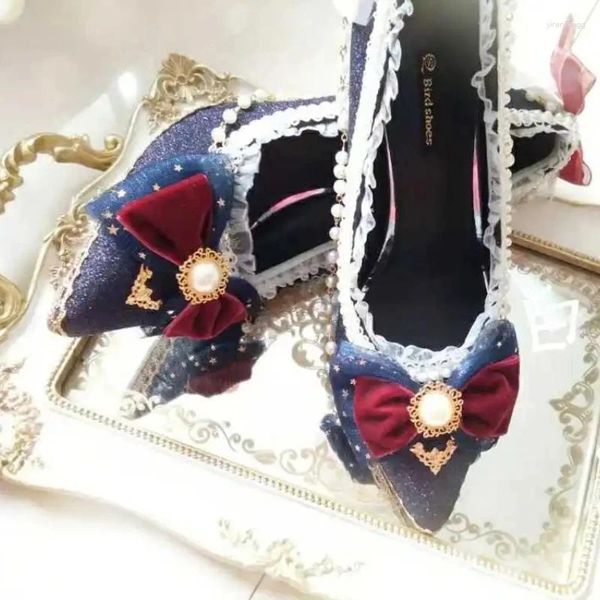 Zapatos de vestir lolita hecho a mano fiesta de té de lujo cos anime girl loli bowknot encaje perla cosplay cinta femenina flor boda